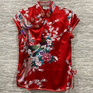 Red Satin Peacock & Floral Chinese Top — Tag XXL Fits Like Med — Vivid Print 🐦